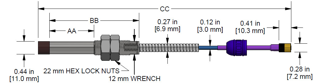 A dimension drawing of a Standard Mount CTC PRO Line Hazardous-Area Approved DP1007 with Armor proximity probe.